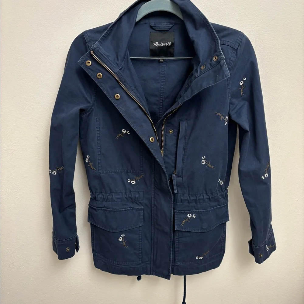 Madewell XXS Navy Embroidered Utility Jacket Cotton Floral Military Style - Picture 2 of 14